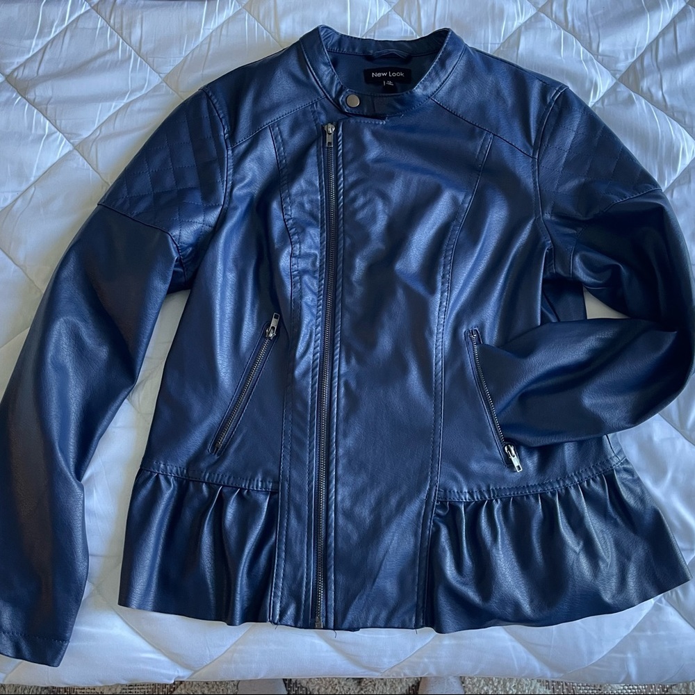 Navy Blue Faux Leather Peplum Jacket - Worn Once!!